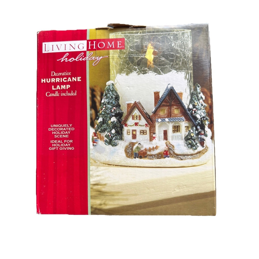 Living Home Holiday Scene Decorative Hurricane Lamp With Candle House Tree New‎